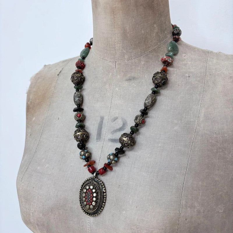 chunky beaded engraved boho necklace