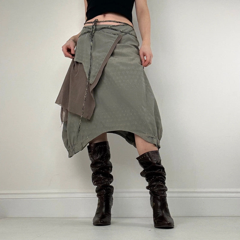 asymmetric gathered puff pleated khaki midi skirt