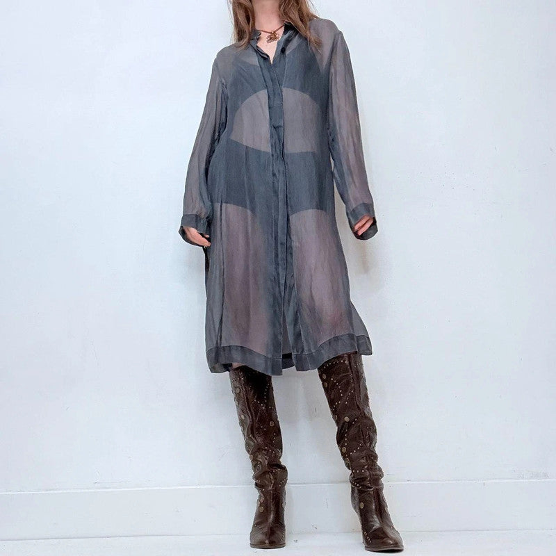 blue silk sheer long-shirt dress