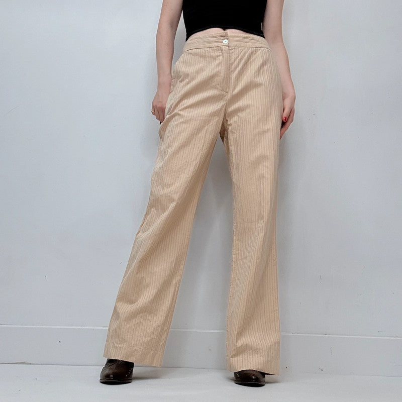 textured pleated pinstripe wide leg flared cotton pants