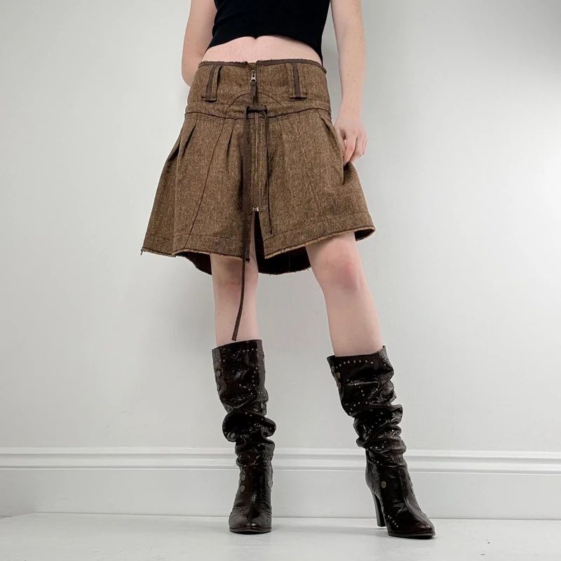 brown utility zip pleated midi skirt