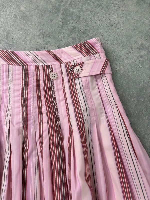 pink cotton pleated pinstripe flared midi skirt