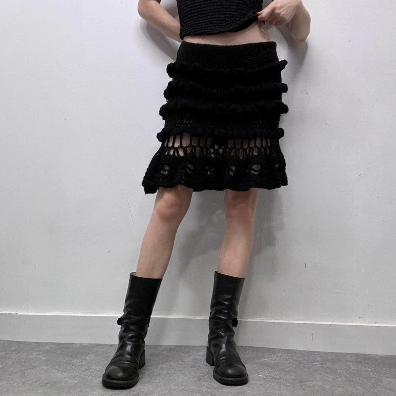 black crochet sheer knitted midi skirt