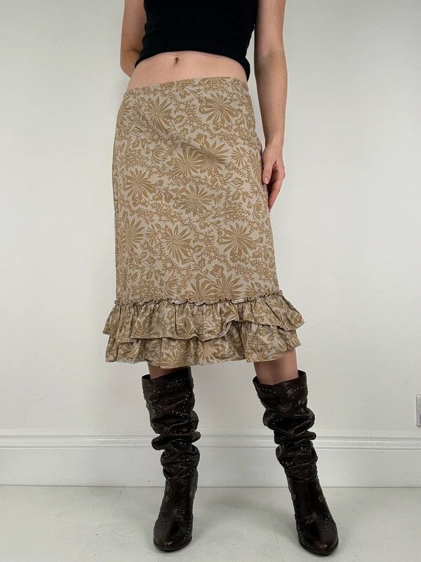Beige floral double ruffle hem vintage skirt