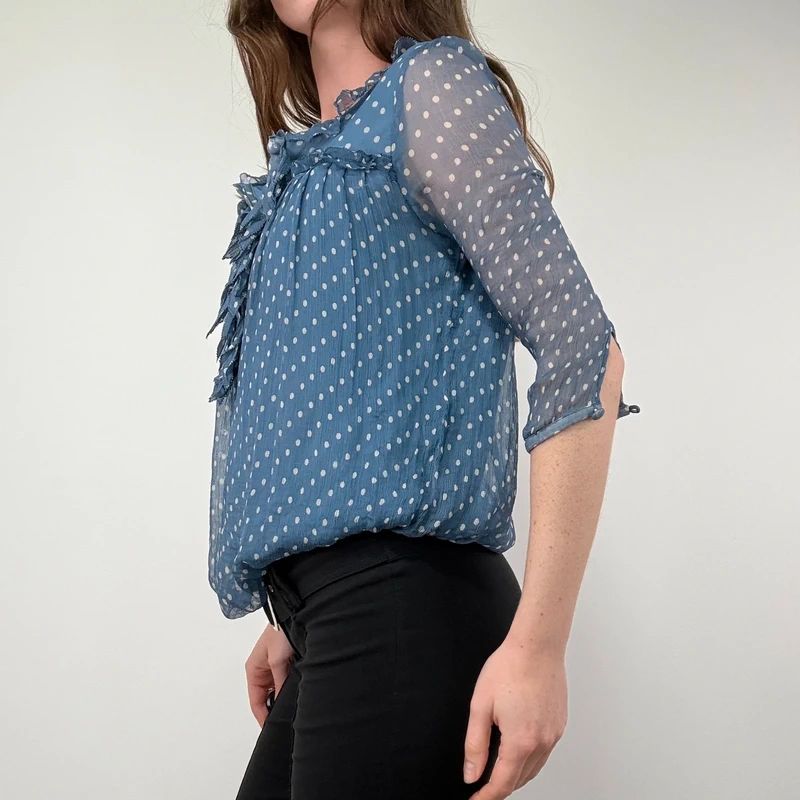 Blue Polka Dot Sheer Silk flutter Blouse