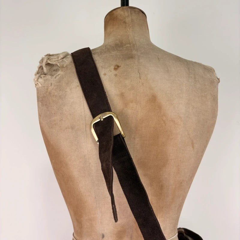 Brown cow hide leather satchel bag with gold embellishment