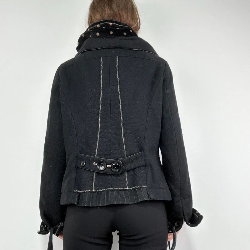 black structured asymmetric polkadot coat