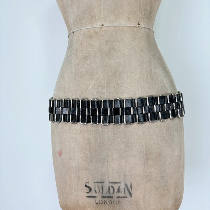 Black leather chunky metal belt