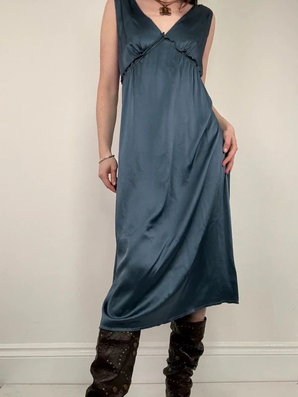 blue silk gathered floaty bias cut midi dress