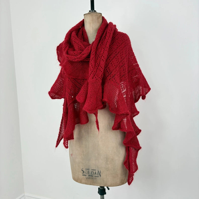 red mohair pointelle wool scarf