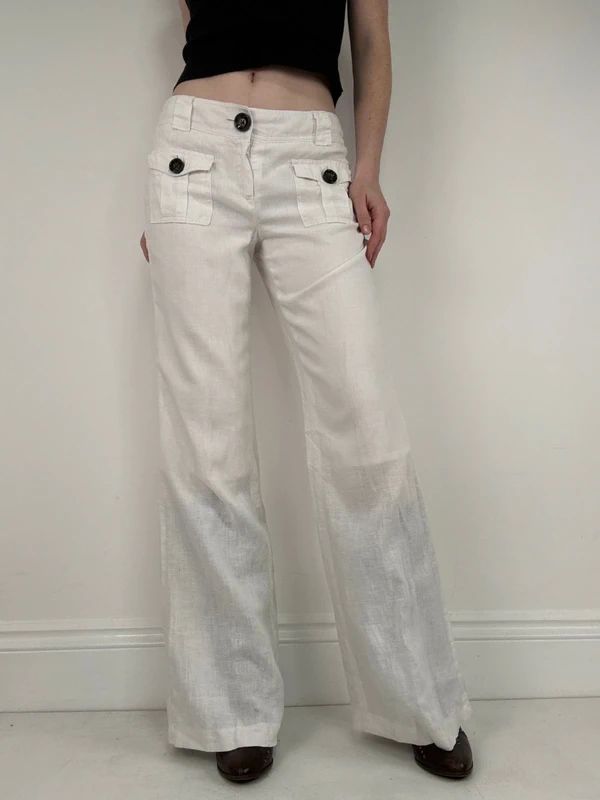 Cargo linen summer flare white trousers