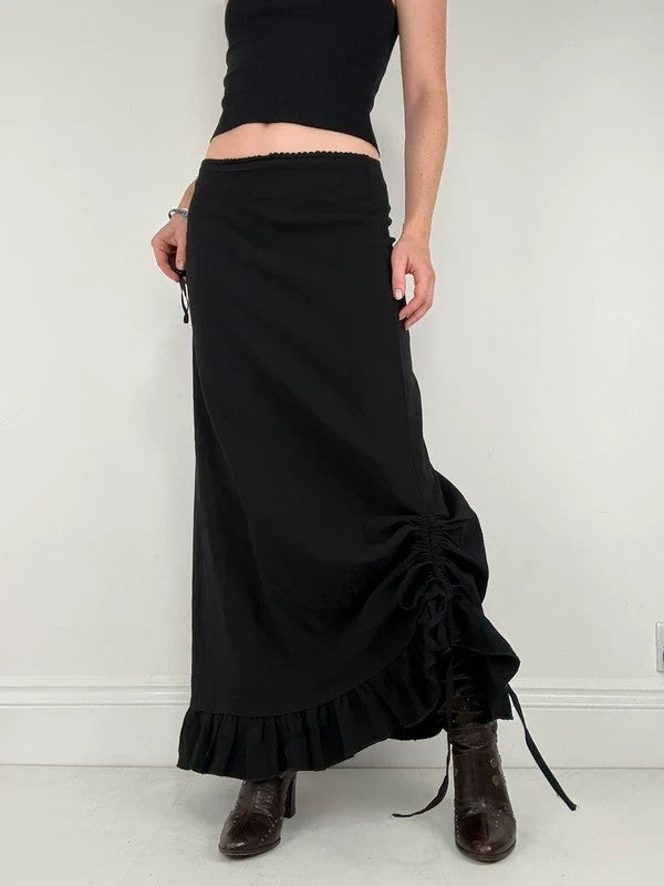 Low waisted black cinched ruffle maxi skirt