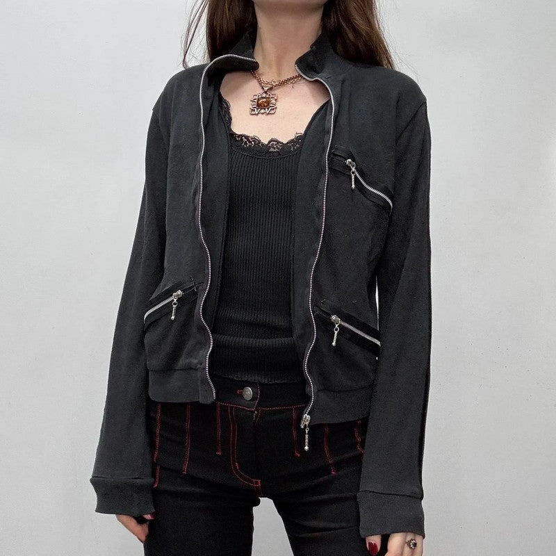 black fitted slouchy zip cardigan