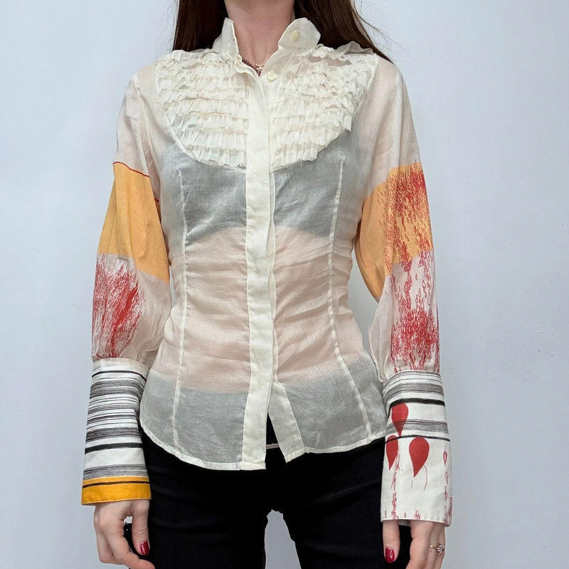 cream ruffle printed sheer shirt