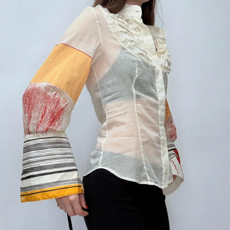 cream ruffle printed sheer shirt