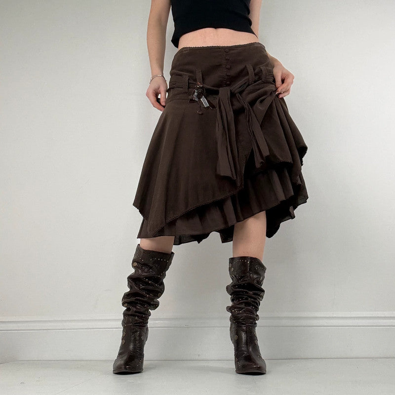 brown layered pleated midi skirt