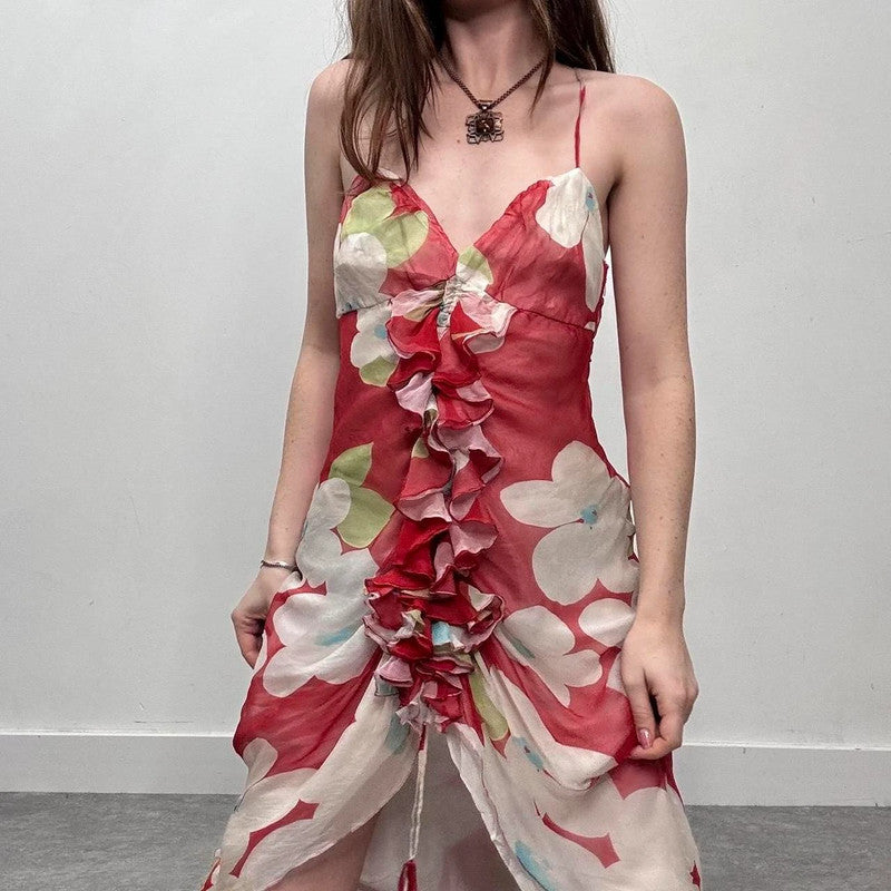 ruffle silk floral red dress