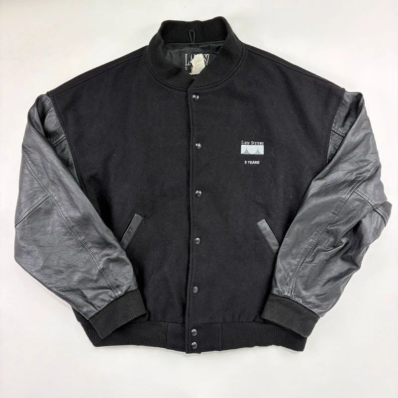 Black Leather Varsity Bomber Jacket