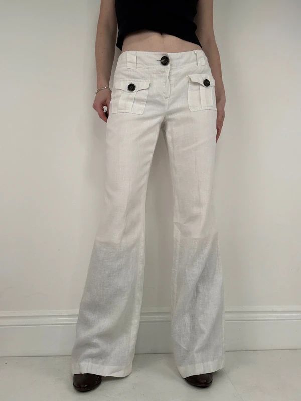 Cargo linen summer flare white trousers