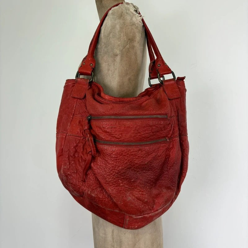 Vintage red leather cargo zipper city handbag