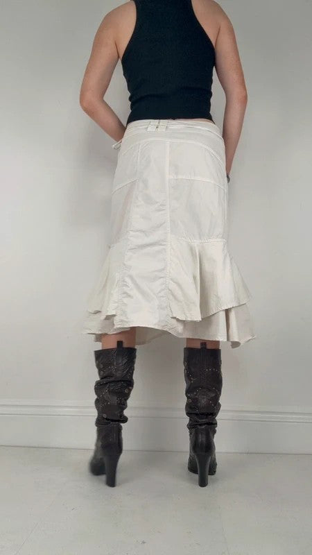 white ruffle low rise layered midi skirt