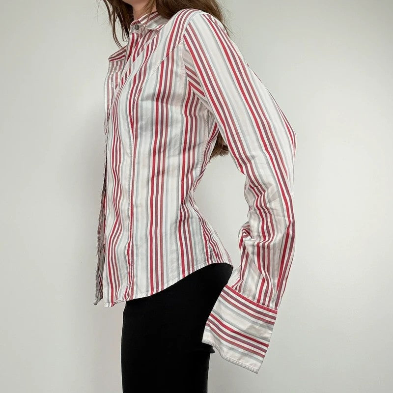 pinstripe preppy fitted flared white and red shirt