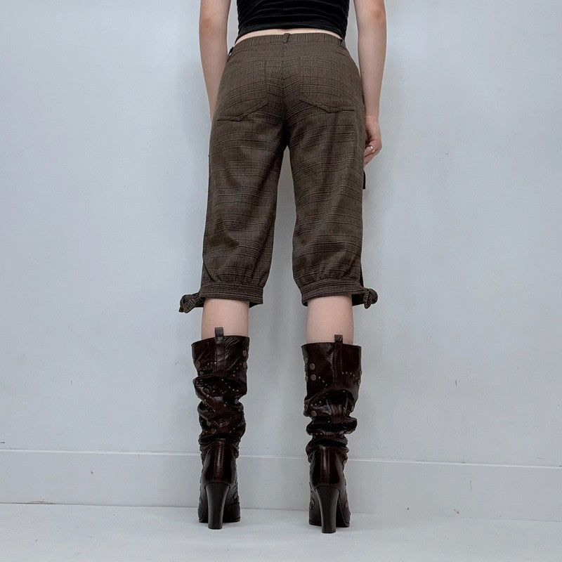 brown tartan preppy cropped puff capri pants