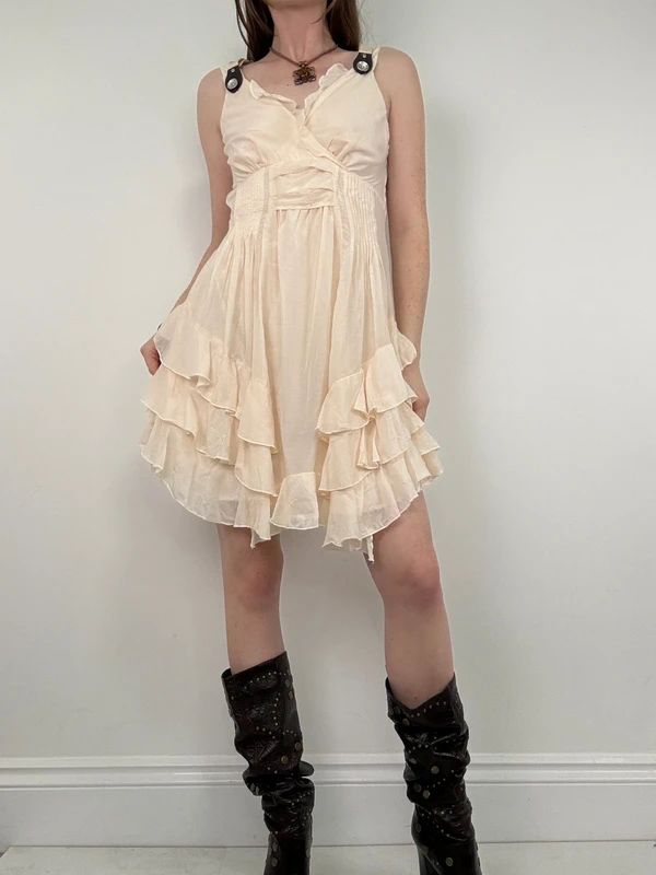 cream layered ruffle cotton silk summer mini dress