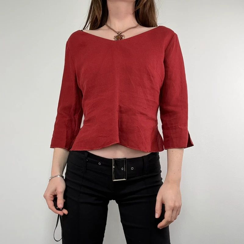 red linen flared fitted slit blouse top
