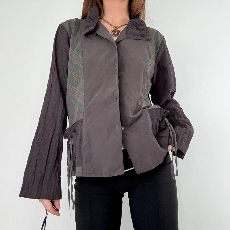brown pinstripe gathered cinched shirt