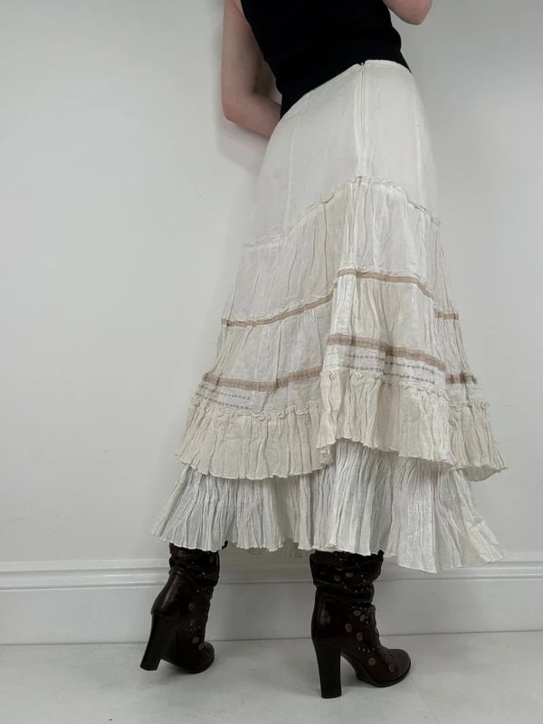 white pleated flared boho fairy maxi skirt