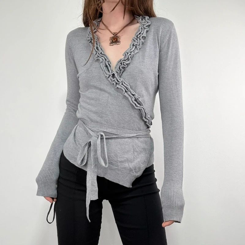 grey knit ruffle wrap cardigan