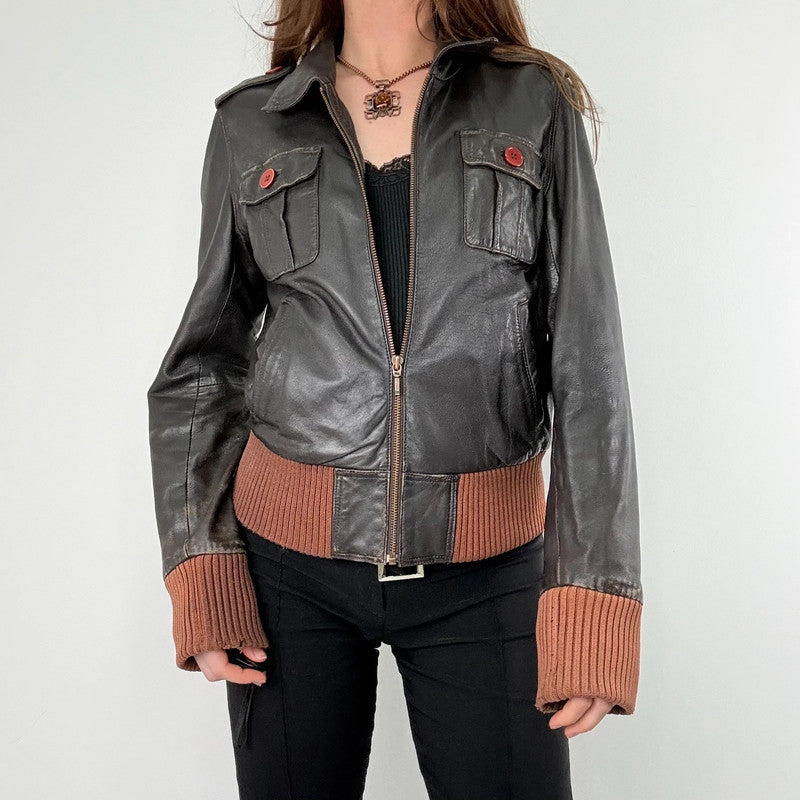 brown leather cinched ribbed waistband jacket