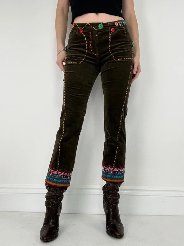 khaki corduroy embroidered hippy capri trousers