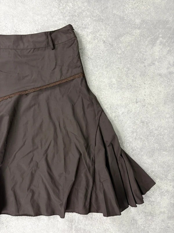 brown asymmetric waistband flared midi skirt