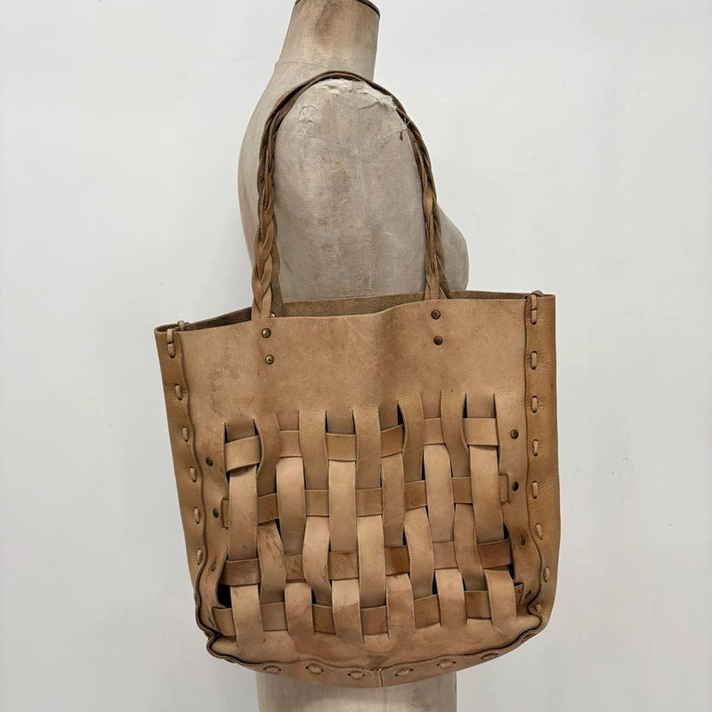 tan leather woven tote bag