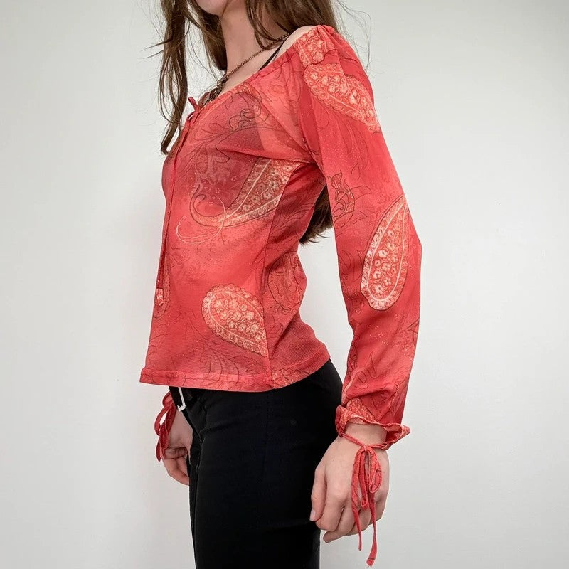 sheer paisley slouchy off-the-shoulder mesh blouse