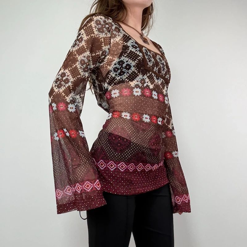 graphic printed boho western flared mesh shirt