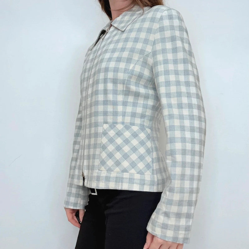 boxy blue and white gingham cropped linen zip-up jacket
