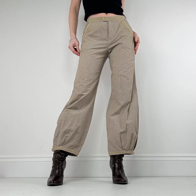 brown pinstripe pleated hem puff cotton trousers