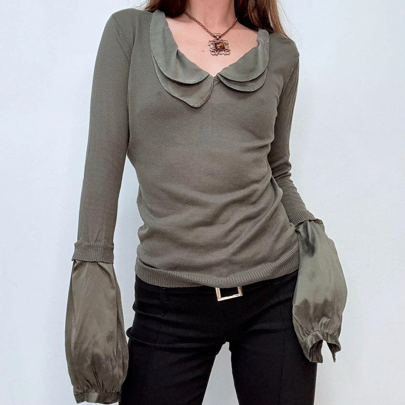 khaki flared puff silk sleeve shirt