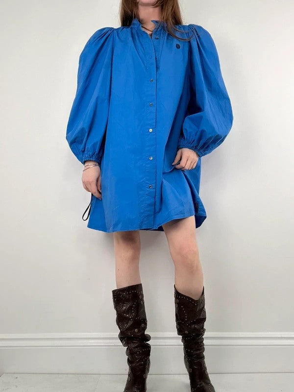 Blue cotton button puff midi shirt dress