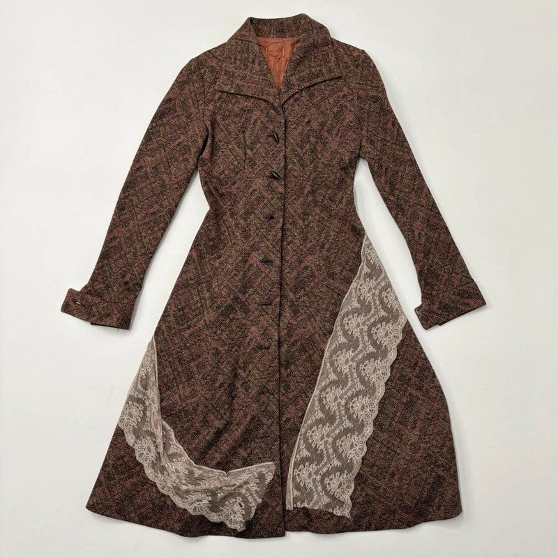 brown lace flared tweed pea coat