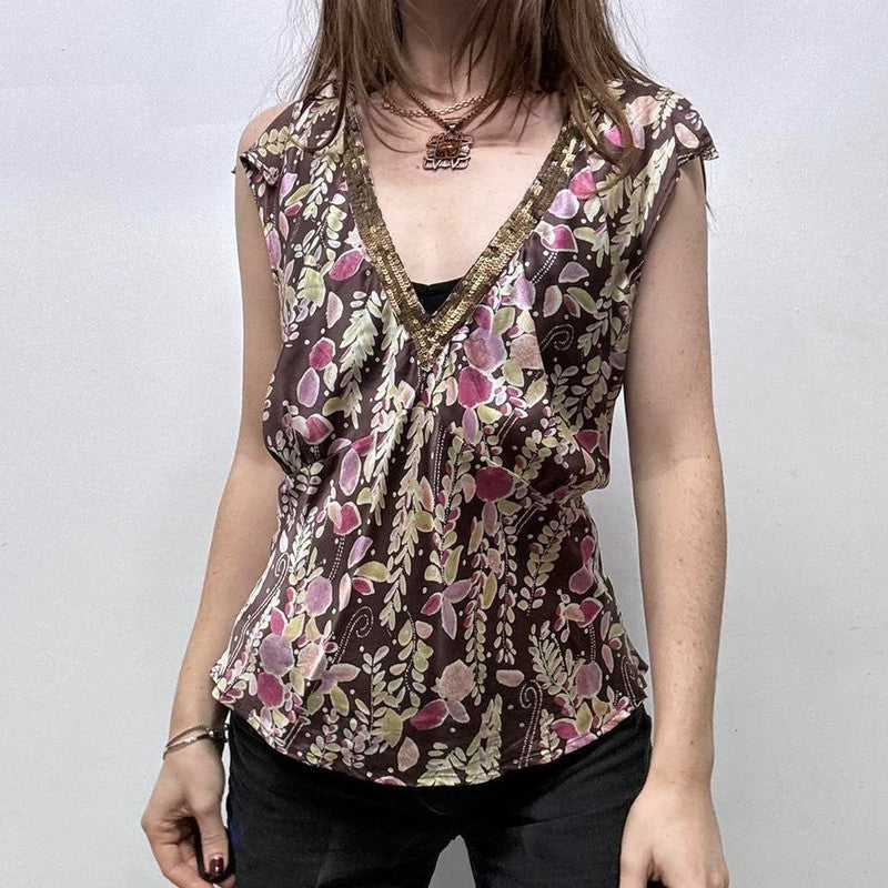 brown floral printed silk fairy top
