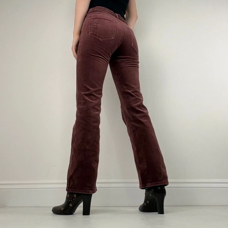 burgundy flared leg velour trousers