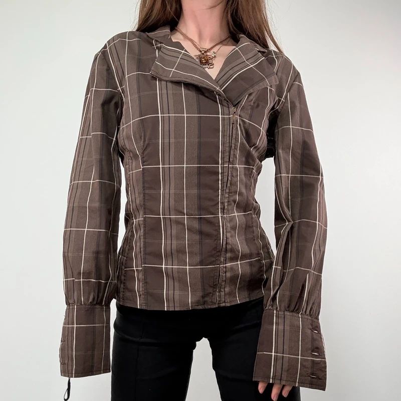 Brown tartan Asymmetric corset Shirt