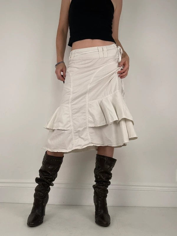 white ruffle low rise layered midi skirt