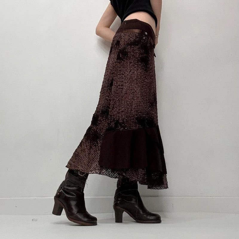 brown distressed textured layered maxi skirt