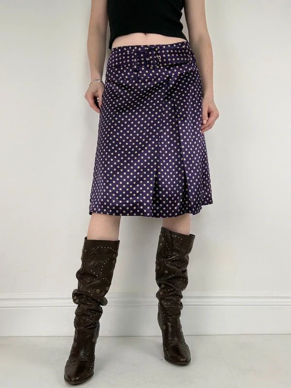 pleated silk polkadot flared midi skirt