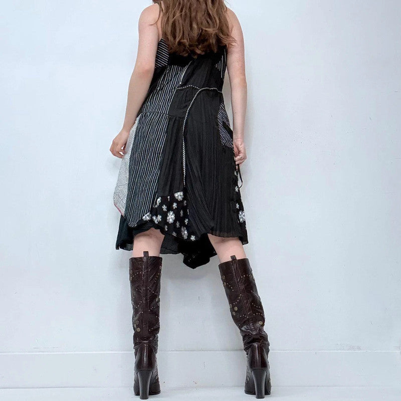 black patchwork polka dot asymmetric dress